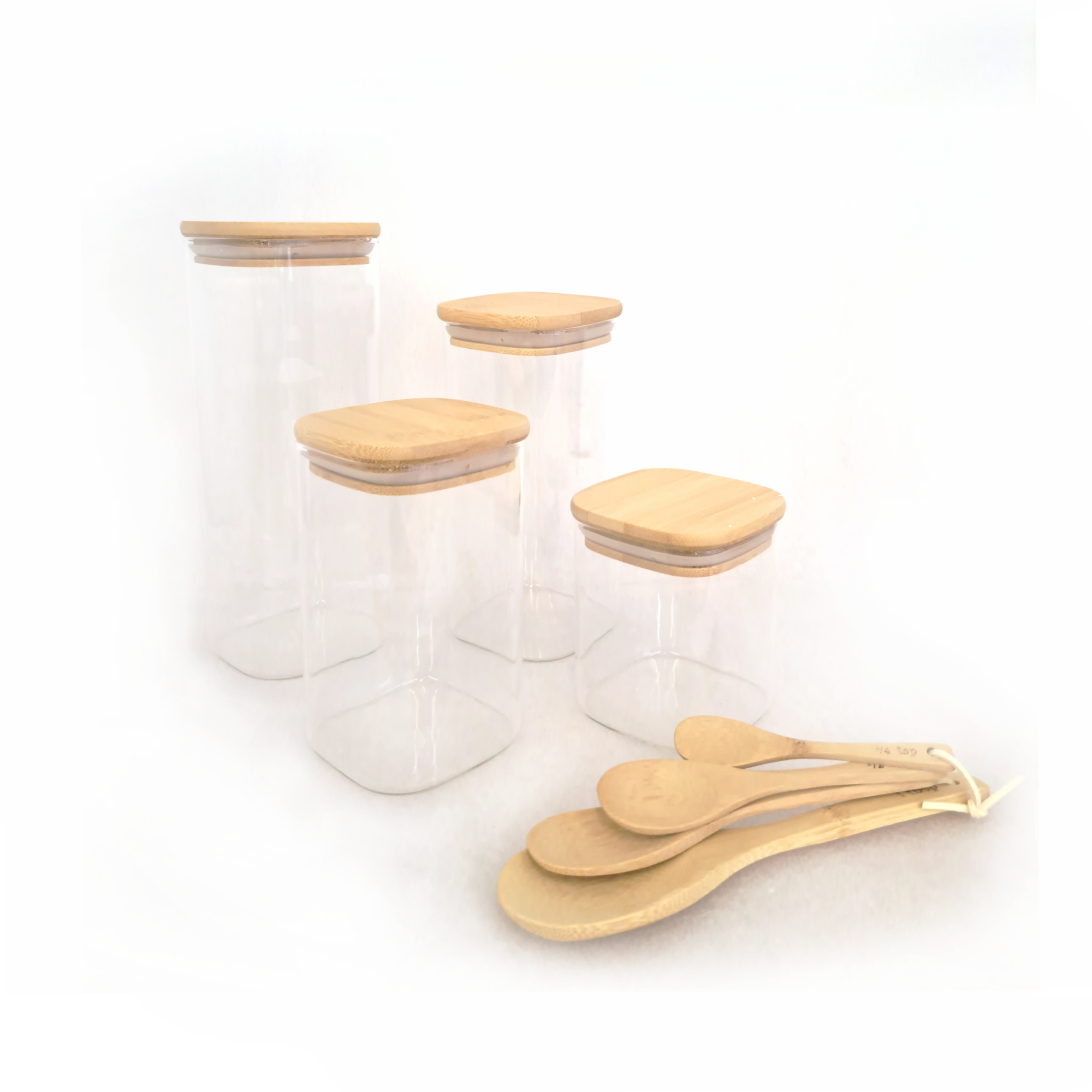 SET DE RECIPIENTES DE VIDRIO + CUCHARAS BAMBOO