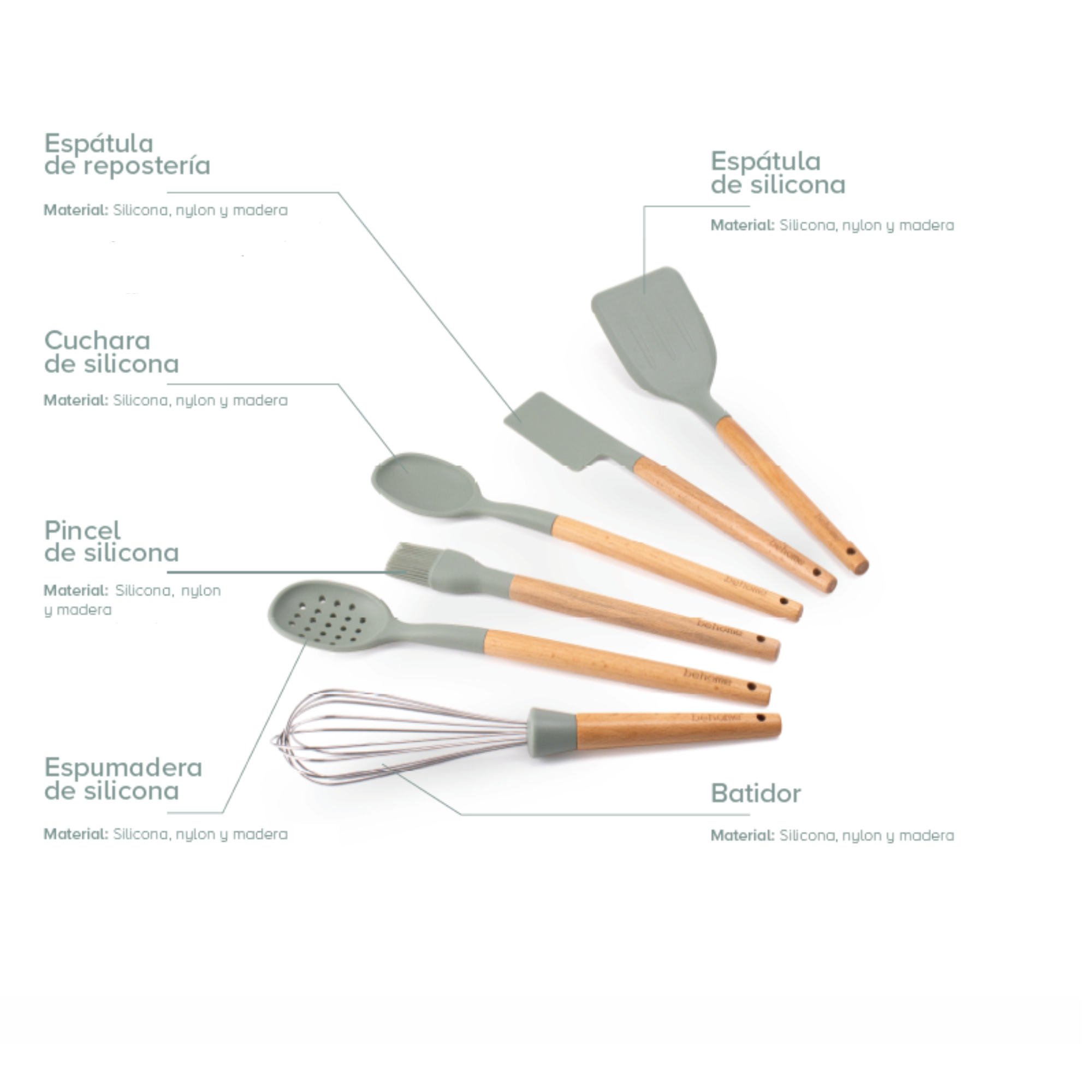 SET UTENSILIOS SILICONA Y MADERA VERDE