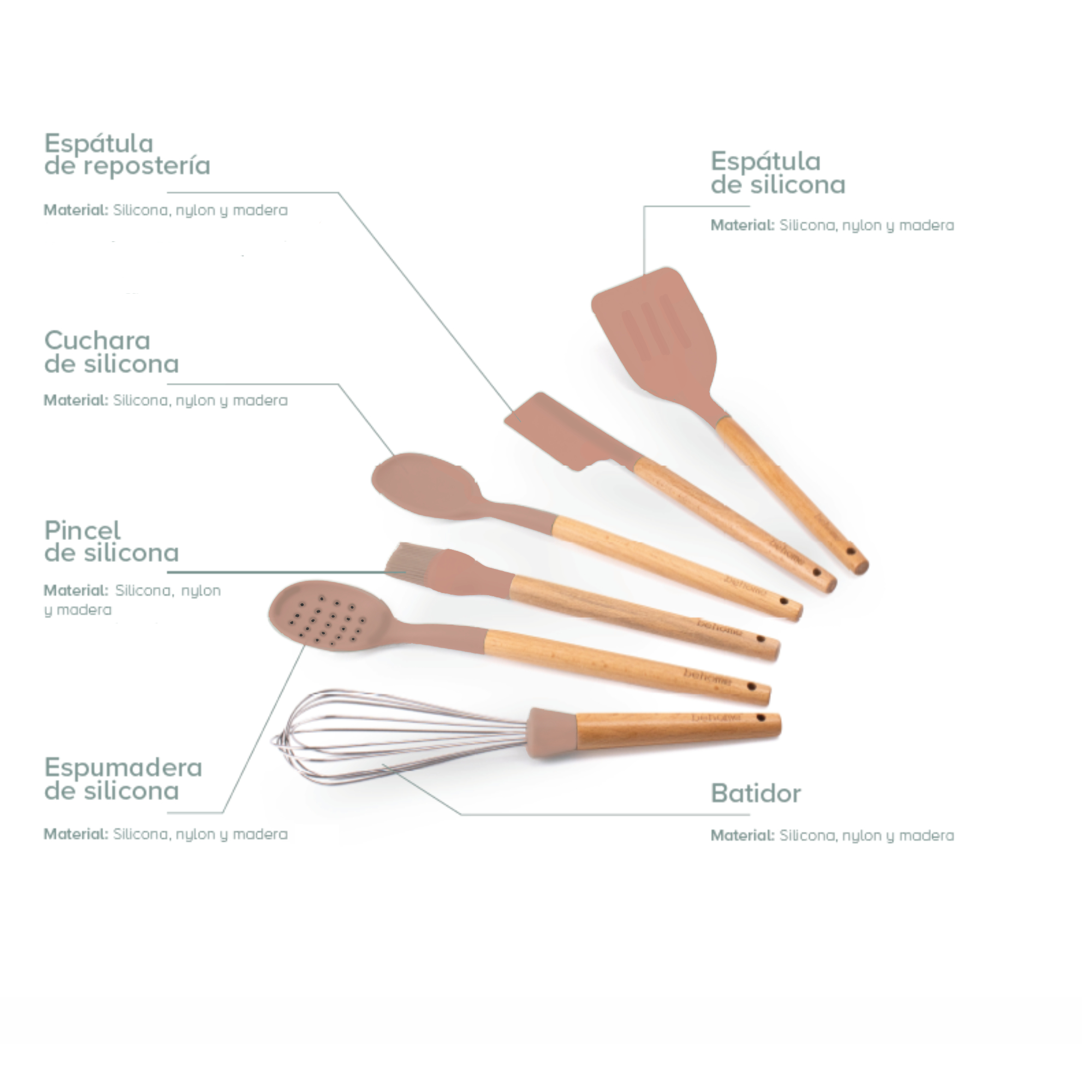 SET UTENSILIOS SILICONA Y MADERA CORAL